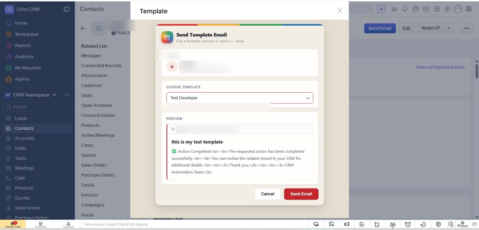 Zoho CRM — Template Email Sender — dashboard